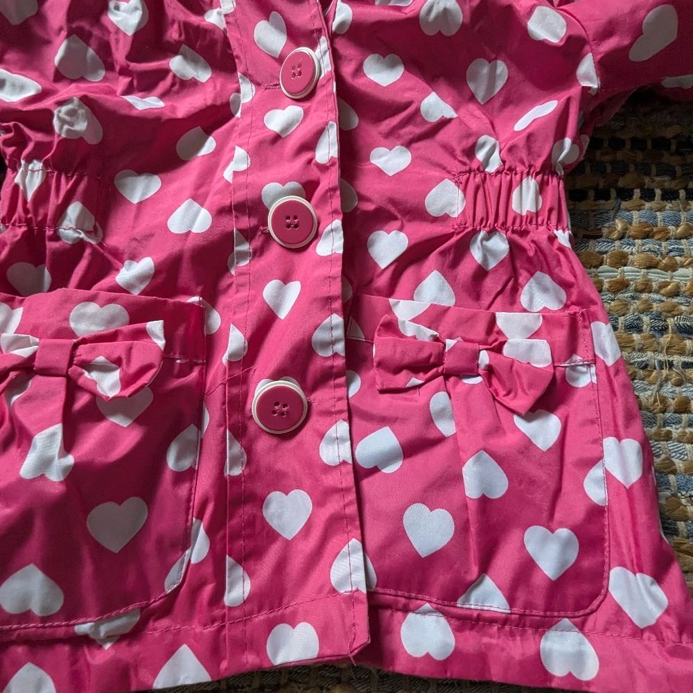 Pink Platinum Heart Print Hooded Raincoat Jacket 4 Pink White Bow Pockets Cozy L - Picture 4 of 10